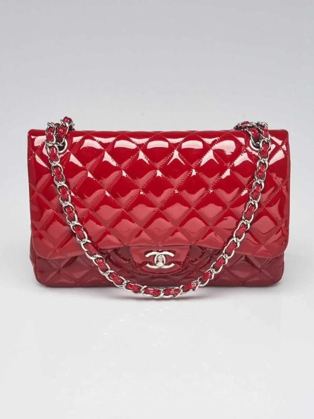 Chanel Red Quilted Patent Leather Classic Jumbo Double Flap Bag